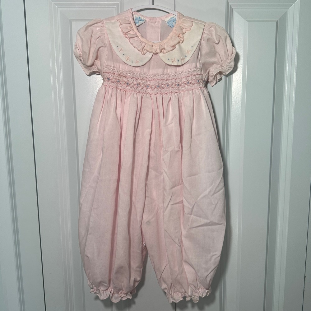 Bright Future Smocked Romper Kids 6-9M Pink Vintage Floral Embroidered Bubble
